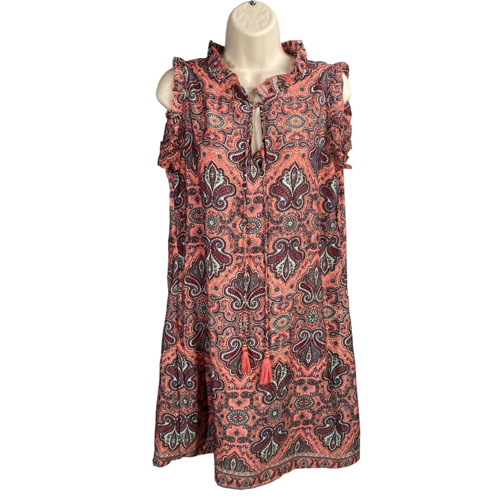 Paani Paisley Print Ruffle Neck Tassel Tie Dress Medium Boho Resort Relaxed